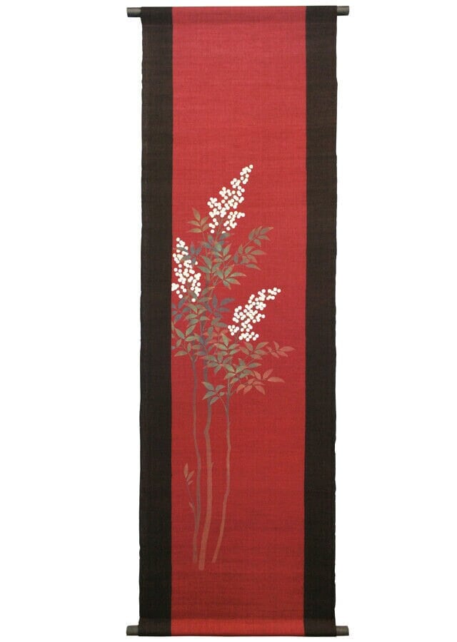 Kyoto Tapestry Wall Hanging Linen Handpaint 45*150cm White Nandina