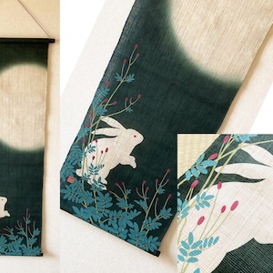 Kyoto Hangin scroll Kakejiku Tapestry Handpaint Usagi Rabbit Moon Tsukimi Japan