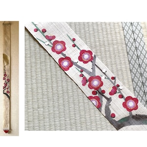Kyoto Tapestry Wall Hanging Handpainted Linen Plum at dawn Auspicious Red