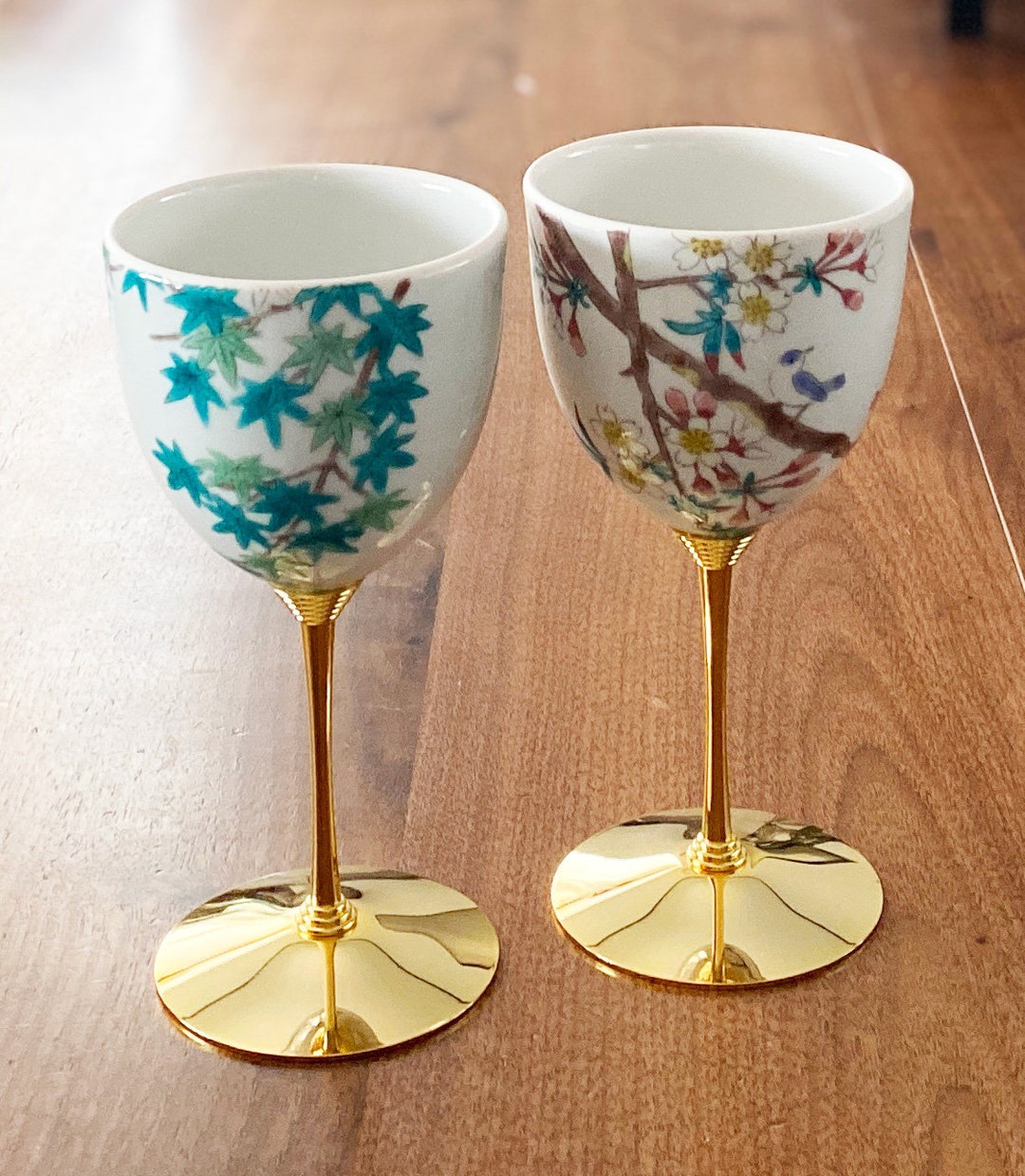 Pair Kutani Yaki Porcelain Wine Glass Cup Little Bird Spring Autumn