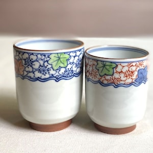 Yunomi Kyo Kiyomizu yaki porcelain Japanese tea cup set Obi Unkin Cherry Maple