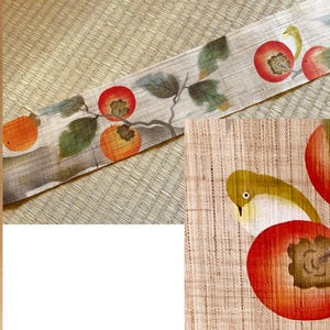 Kyoto Tapestry Wall Hanging Handpainted Linen Persimmon White eye Autumn Japan