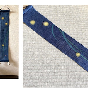Kyoto Tapestry Wall Hanging Small Handpainted Linen Tessen Crematis Summer Japan