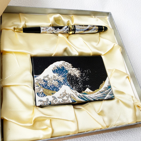 Maki-e Urushi Japanese Stationary set Wave motif Pen Card Case set Hokusai Great wave Kanagawa Japan