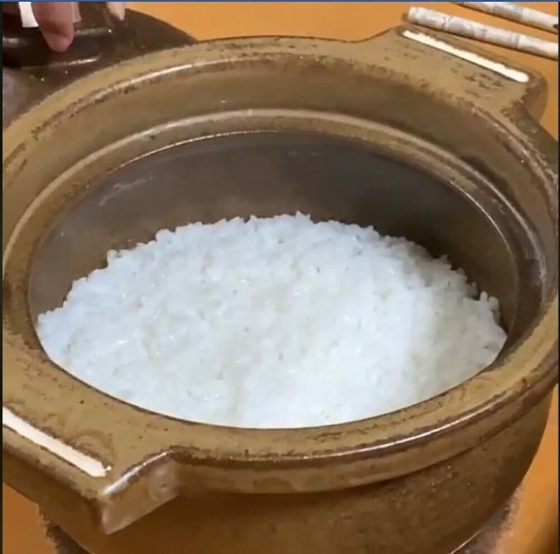 May include: A close-up of a brown ceramic pot filled with white cooked rice.