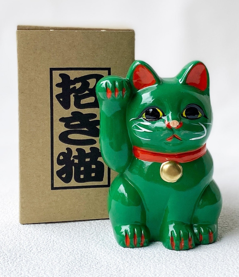 MANEKI NEKO Hucha Gato de la suerte japonés TOKONAME yaki Mano derecha hacia arriba Verde Japón
