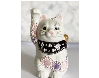 ヴィンテージ日本の招き猫 - 粘土、1980年、昭和時代 (SKU: 25S-793-4
