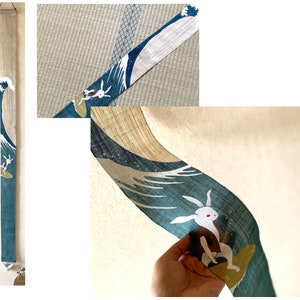 Kyoto Tapestry Wall Hanging Handpainted Linen Surfboarding Rabbit