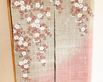 May include: A pair of beige and pink Japanese room dividers with a cherry blossom pattern. The dividers are made of a woven fabric and have a subtle gradient from beige to pink.