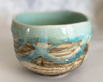 Matcha Chawan Japanische Grünteeschale Mino Yaki Ware Turkey Blue Nagashi Japan, US DDP
