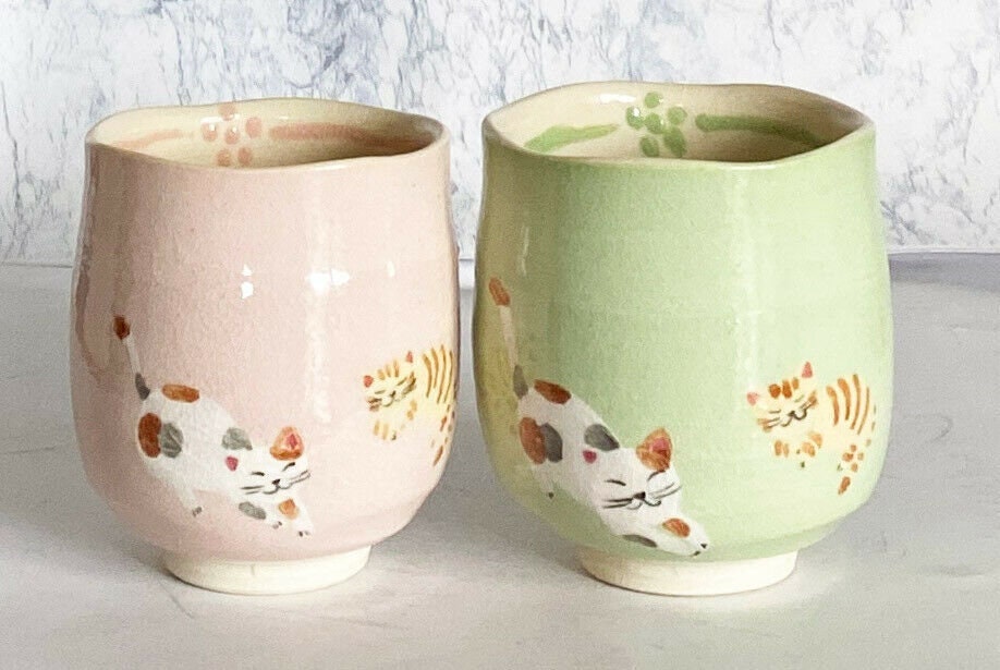 Yunomi Kyo Kiyomizu yaki ware Japanese tea cup set japan Relaxing Cat Soft touch