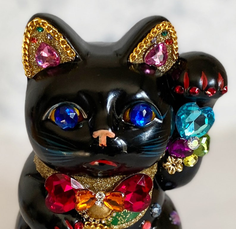 Deco Maneki Neko Japanese Lucky Cat Left Paw Handcraftblack Etsy