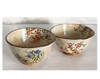 May include: Two small, white ceramic bowls with floral designs. The bowls have a brown rim and are decorated with red, green, and blue flowers.