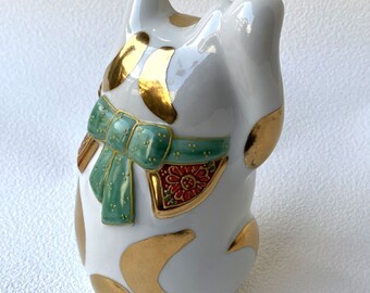 Japanese Lucky Cat Maneki Neko Kutani Yaki Porcelain Gold Tabby