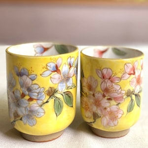 Yunomi Kyo Kiyomizu yaki pottery Japanese tea cup set Yellow Cherry motif