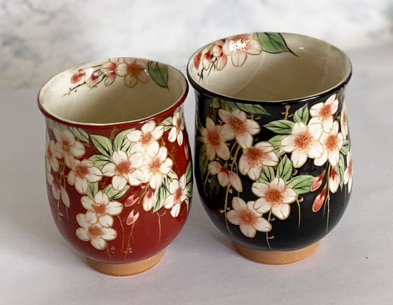 Mino Japanese pottery yunomi tea cups set of 2 cherry blossoms w
