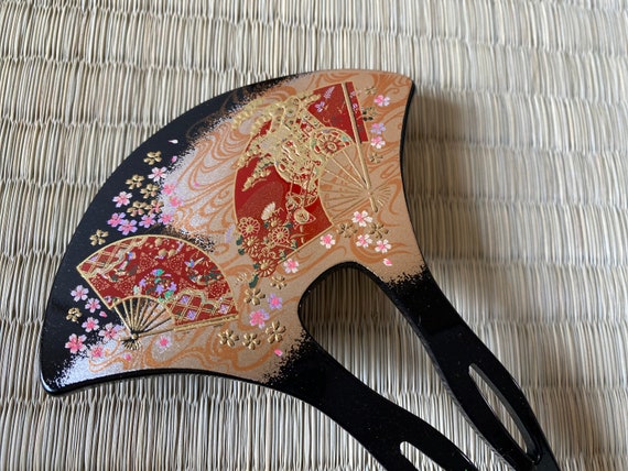 Japanese Lacquer Geisha Kanzashi Comb Kimono Hairpin Black Urushi