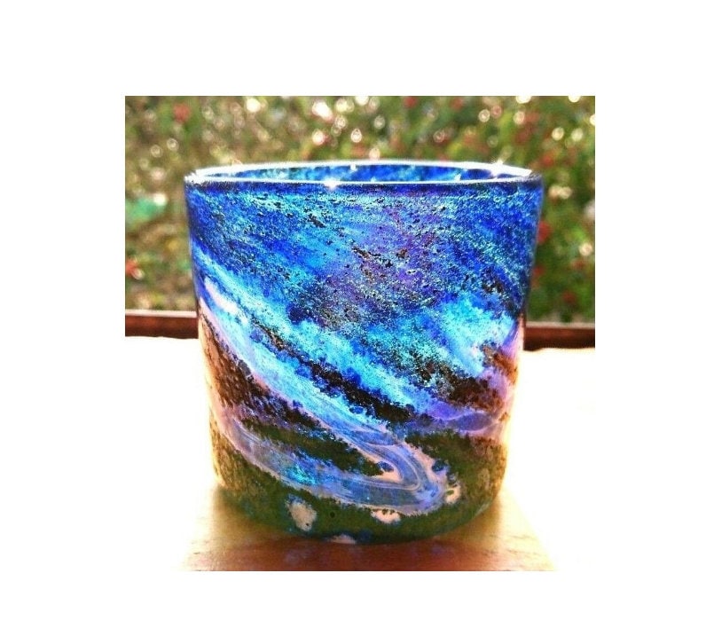 Japanese Ryukyu Glass Beer Rock Cup Tumbler Blue Sea Genkichi