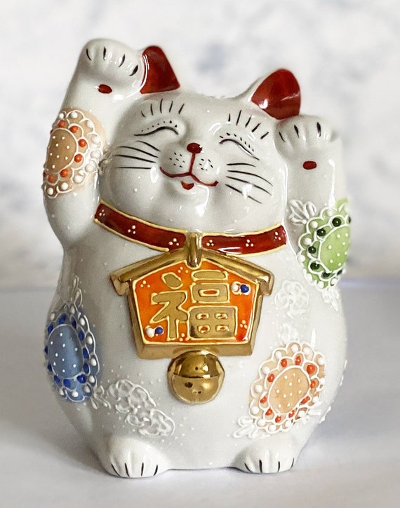 Japanese Porcelain Maneki Neko Lucky Cat For Happiness Yellow Made In Japan 