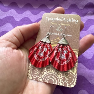 Upcycled Lagunitas Bottlecap Earrings Red Bottlecap with dog logo repurposed material lightweight jewelry eco conscious Silver Copper wire