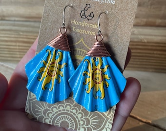 UpcycledAshley Happy yellow Sun Blue Bottlecap Earrings Handmade repurposed Bells Oberon unique Gift for her jewelry lover