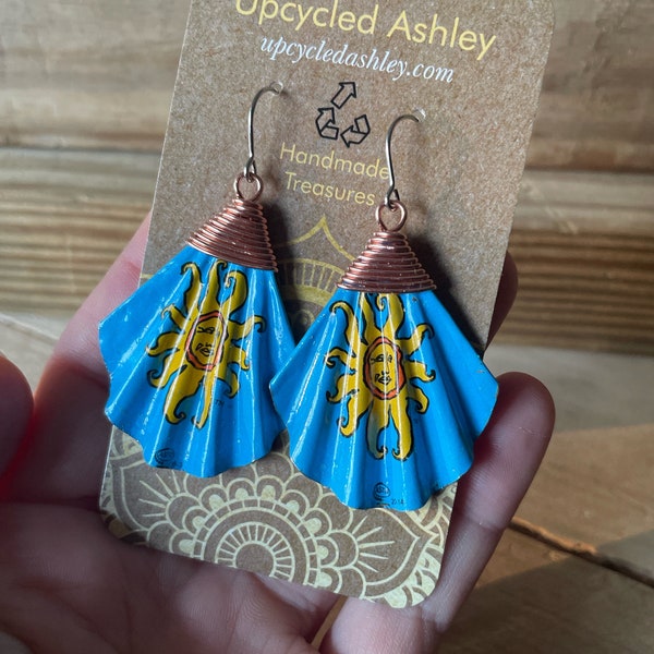 UpcycledAshley Happy yellow Sun Blue Bottlecap Earrings Handmade repurposed Bells Oberon unique Gift for her jewelry lover