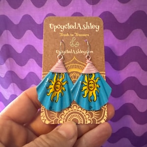 Upcycled Bells Brewing Happy Sun Pink copper wired Bottlecap Earrings sustainable jewelry handmade unique