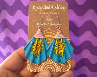 Upcycled Bells Brewing Happy Sun Pink copper wired Bottlecap Earrings sustainable jewelry handmade unique