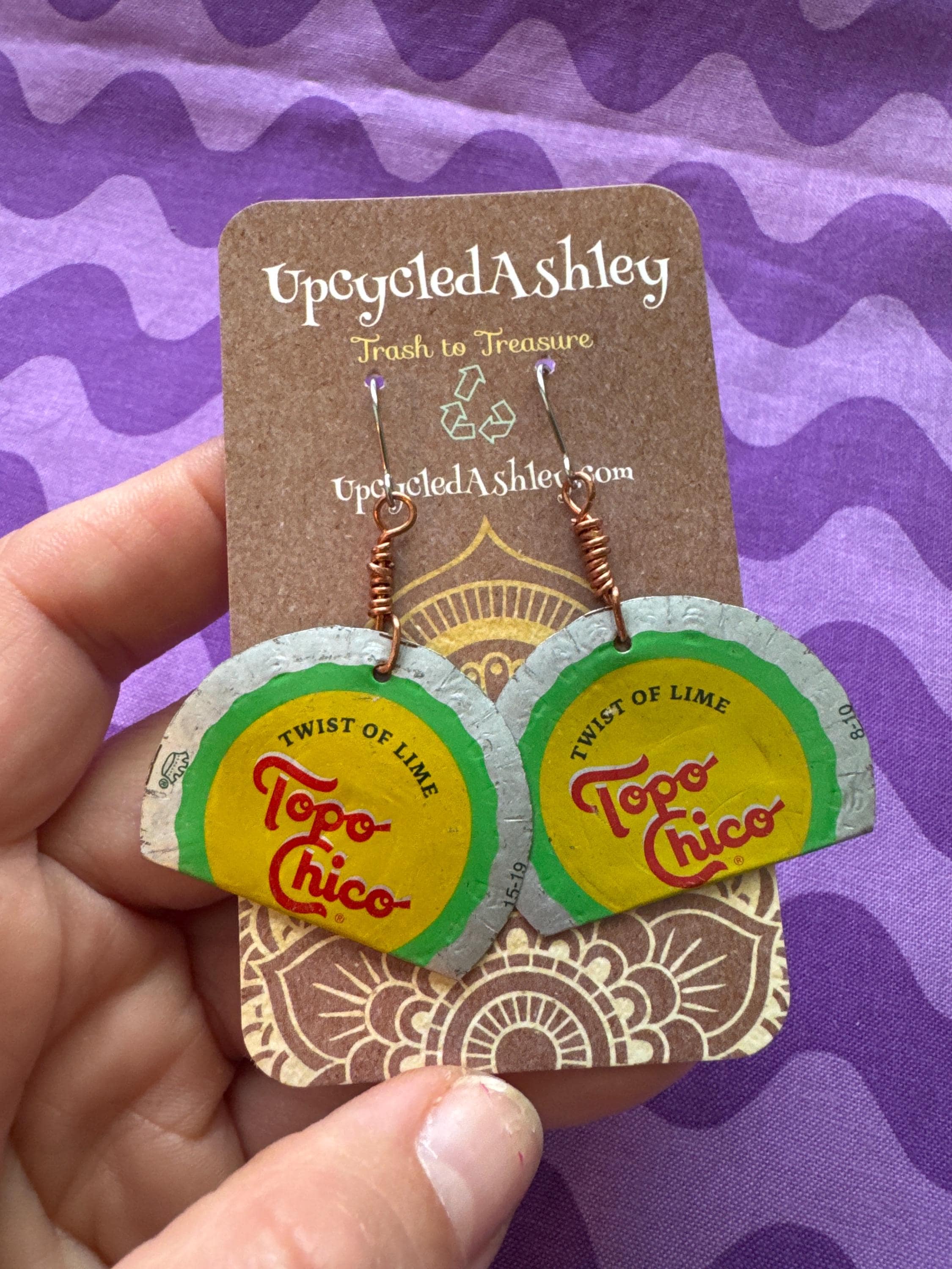 Upcycled Topo-Chico Bottlecap Earrings Half Moon Shaped twist of lime Sustainable Jewelry for earth lovers be the change jewelry