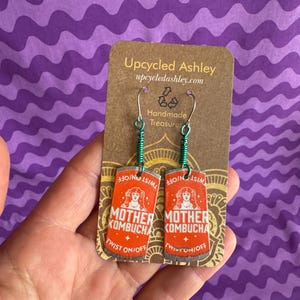 Upcycled Mother Kombucha Bottlecap Earrings: Handmade Red Jewelry