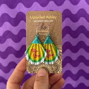 Upcycled Topo Chico Bottlecap Earrings: Teal Copper Wire, Surgical Steel Hooks