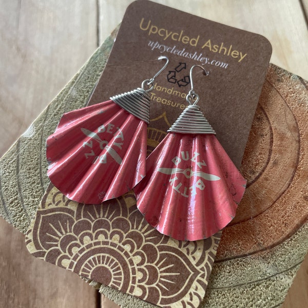 UpcycledAshley Pink earrings Betty Buzz Bottlecap Earrings Fan shaped  repurposed material handmade jewelry