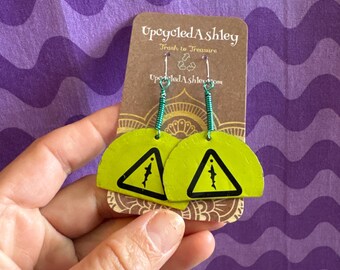 Upcycled Bottlecap Earrings Half Moon Shape Neon Green Teal Turquoise Wire Copper Surgical steel hooks Dogfish 120 IPA beer handmade