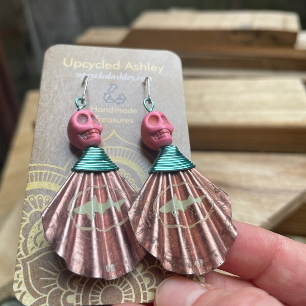 UpcycledAshley Shiny Pink Skeleton Earrings  Bottlecap handmade Earrings earrings turquoise wire wrapped pink skull statement earrings