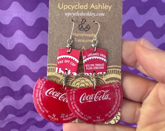 Upcycled Coca-Cola &Abita Bottlecap Earrings half moon earrings handmade repurposed material Eco-Conscious jewelry unique sustainable