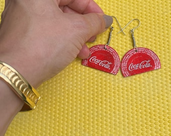 Upcycled Coca-Cola Bottlecap Earrings Flat folded metal repurposed bottlecap earrings copper wire surgical steel hooks