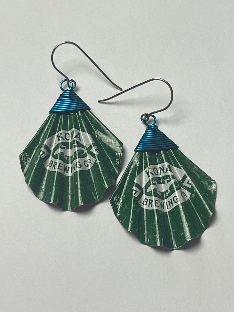 Upcycled Kona Brewing Bottlecap Earrings Handmade Green Jewelry Eco