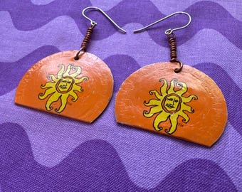 Upcycled Bottlecap Earrings Happy moon shape Vintage Handmade Bells Oberon orange earrings handmade unique Gift for her earrings