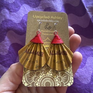 Upcycled Allagash Bottlecap Earrings: Gold Fan Design, Surgical Steel