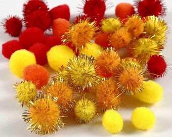 Pom poms Multi-colour Yellow, Red and Orange15 - 20mm bag