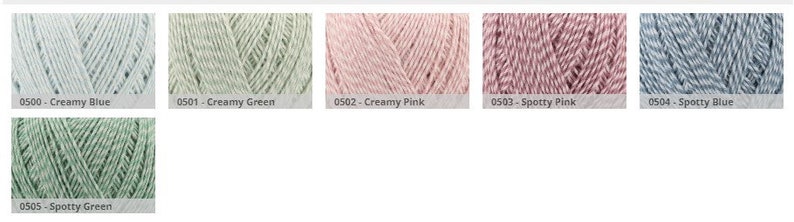 May include: A collection of yarn skeins in various colors, including creamy blue, creamy green, creamy pink, spotty pink, spotty blue, and spotty green. The yarn is arranged in a row, with each skein labeled with its color and number.