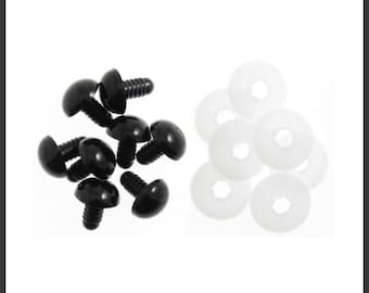 Safety Googly Solid black eyes for toy making 8mm, 12mm and15mm  6 pcs ( 3 pairs) with safety washer