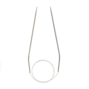 May include: A pair of silver circular knitting needles with a white cord connecting the two ends.