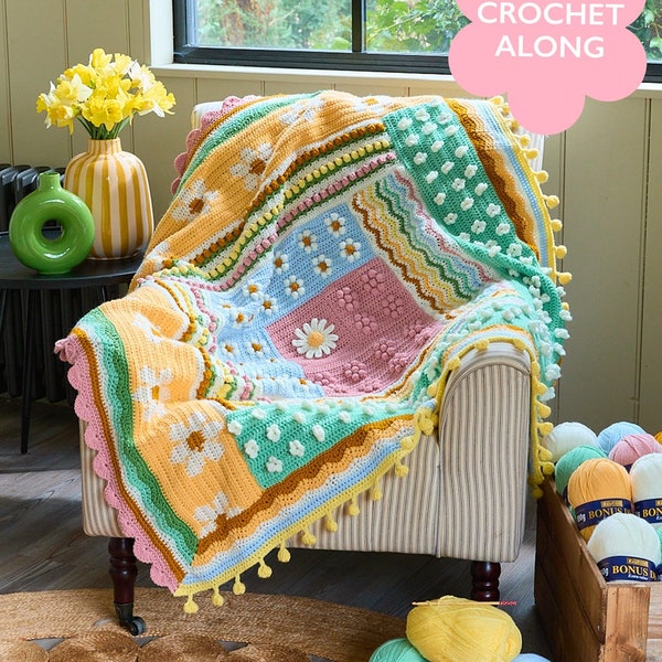 Crochet Along The Blossom & Buds Blanket with Bonus DK Yarn 15 balls Bundle free patterns and label