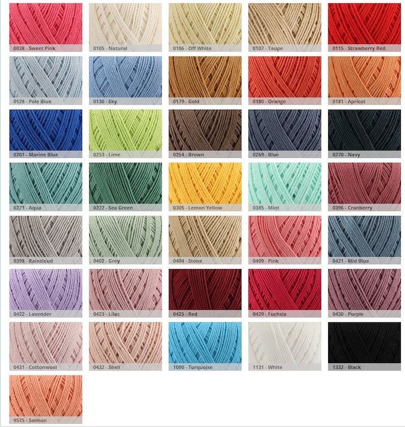 May include: A color chart of yarn skeins, each with a different color and number code. The colors include pink, blue, green, yellow, red, purple, brown, orange, white, black, and grey.