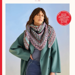 May include: A crochet shawl pattern featuring a colorful, multi-colored design. The pattern is called "Jewelspun" and is made with wool chunky yarn. The pattern is 57 inches by 22 1/4 inches.