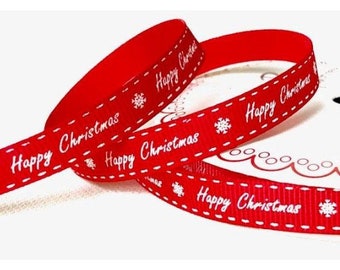 Cinta de grosgrain roja Happy Christmas Vintage Font de 9 mm 25 m