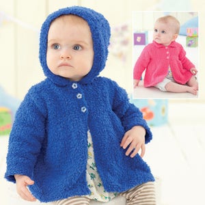 May include: A blue knitted baby jacket with a hood, featuring a button closure and a white background. The jacket is made with a soft, fluffy yarn. The image also shows a pink knitted baby jacket with a hood, featuring a button closure and a white background. The image includes the text "Snuggly Snowflake DK" and "Birth to 3 years".