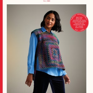 May include: A crochet vest pattern using Jewelspun Aran yarn. The vest is a multi-colored patchwork design with a granny square pattern. The pattern is for sizes 32-54 inches.