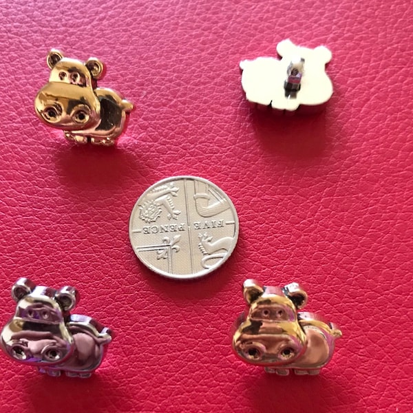 Novelty Buttons Hippo antique gold - silver colours 10 - 12mm for clothing - jewellery - scrapbooking - card making shanked